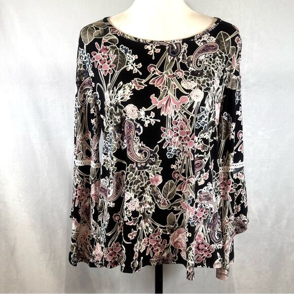 SJS navy and pink puff floral print long bell sleeve top size large - Picture 1 of 7